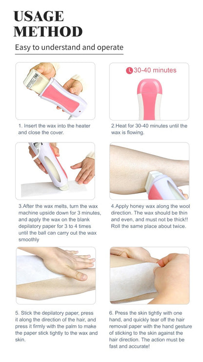 Pack of 3 Roll-On Wax Heater – Electric Hair Remover with Wax & Strips